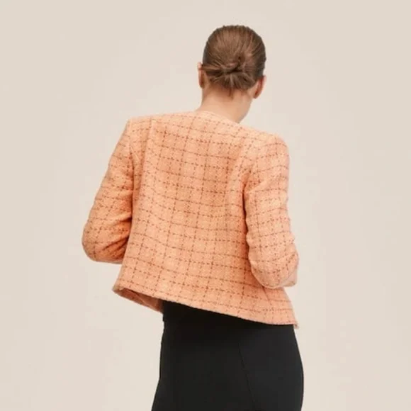 Mango MNG Short Tweed Blazer Orange Goldtone Button Details Size S NEW - Picture 3 of 15